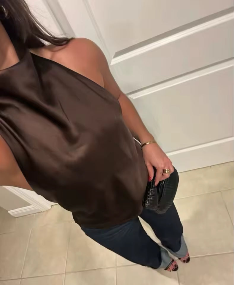 Top dos nu satiné à col drapé