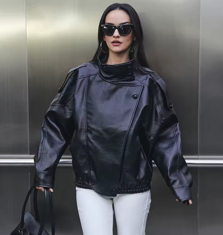 Veste en cuir col montant