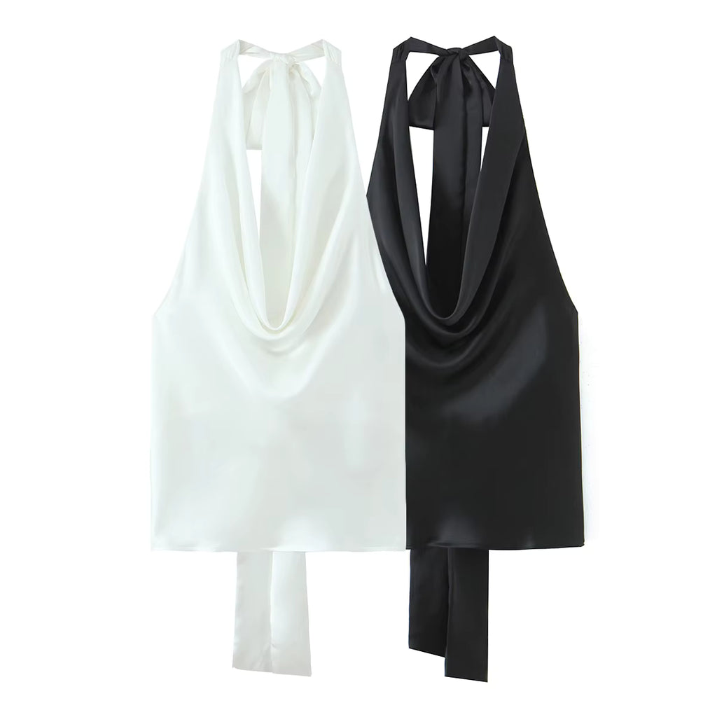 Top dos nu satiné à col drapé