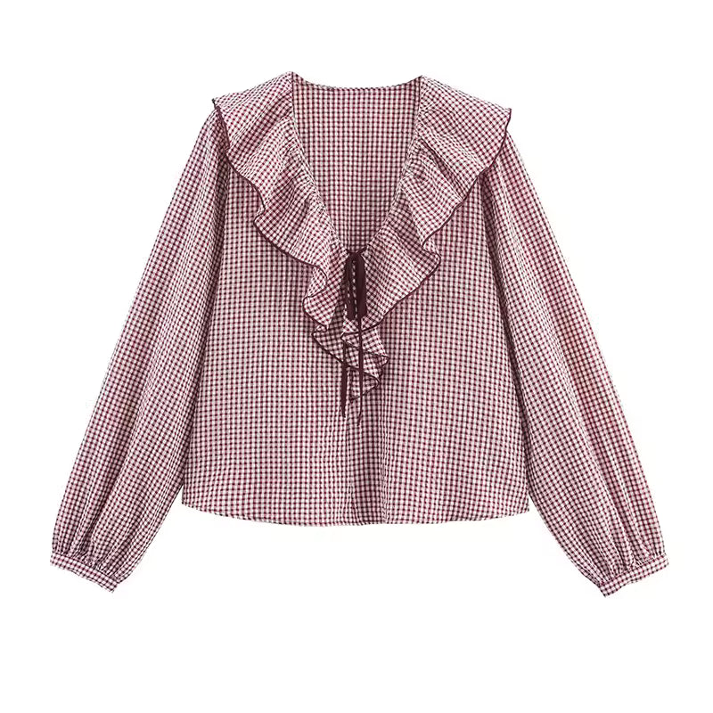 Blouse vichy à volants et col lacé